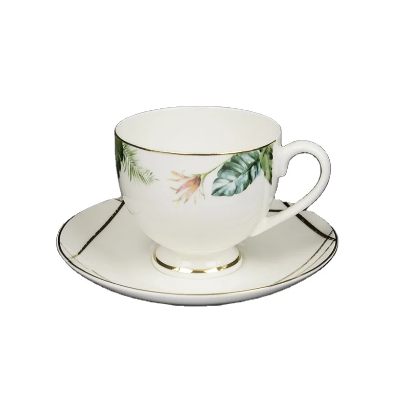 High quality luxury fine bone china classical shape gold decoration cup and saucers for customized decal patterns cups