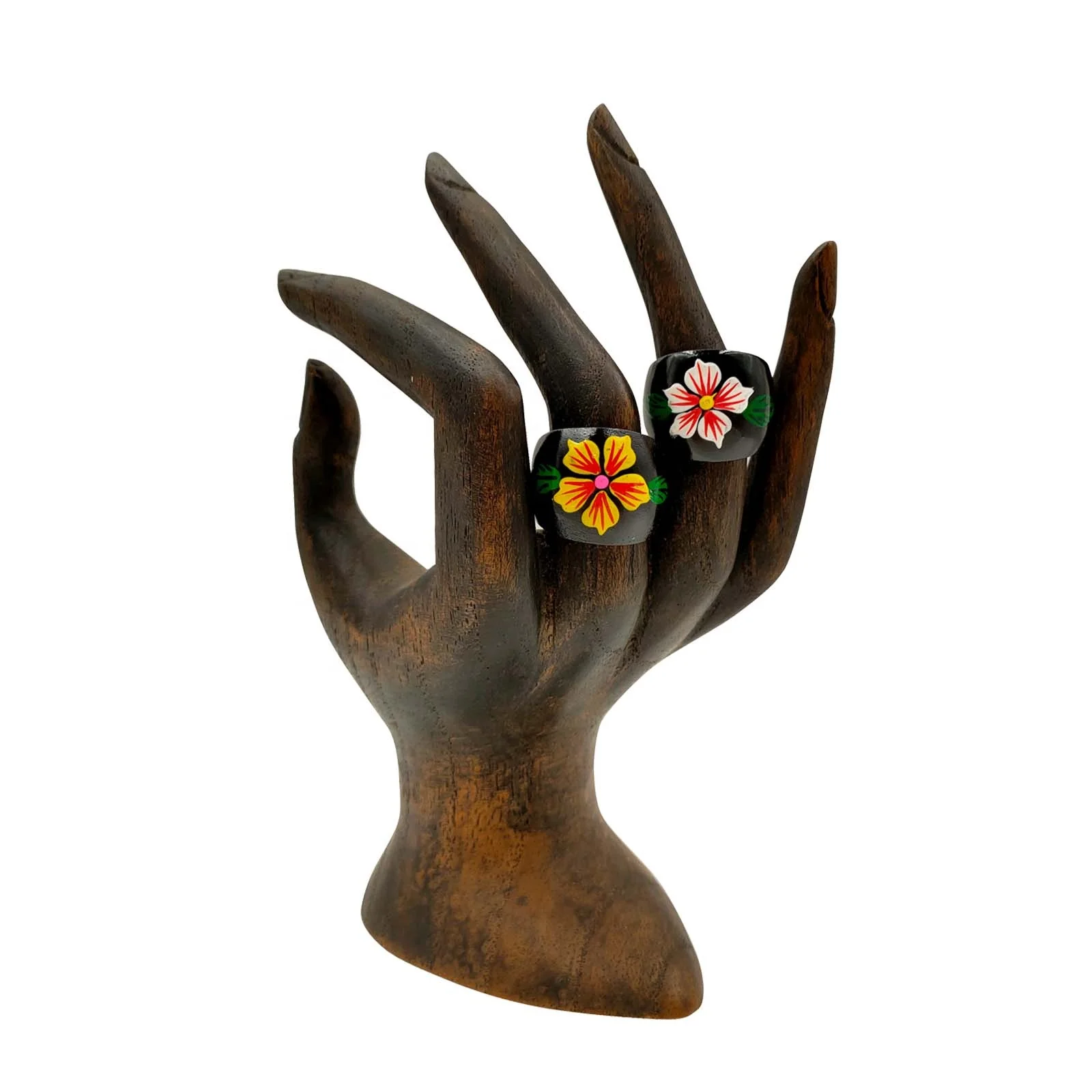 Fashion Jewelry Vintage Black Wooden Floral Leaf Hand Painted Assortment Boho Chic Rings For Women Men