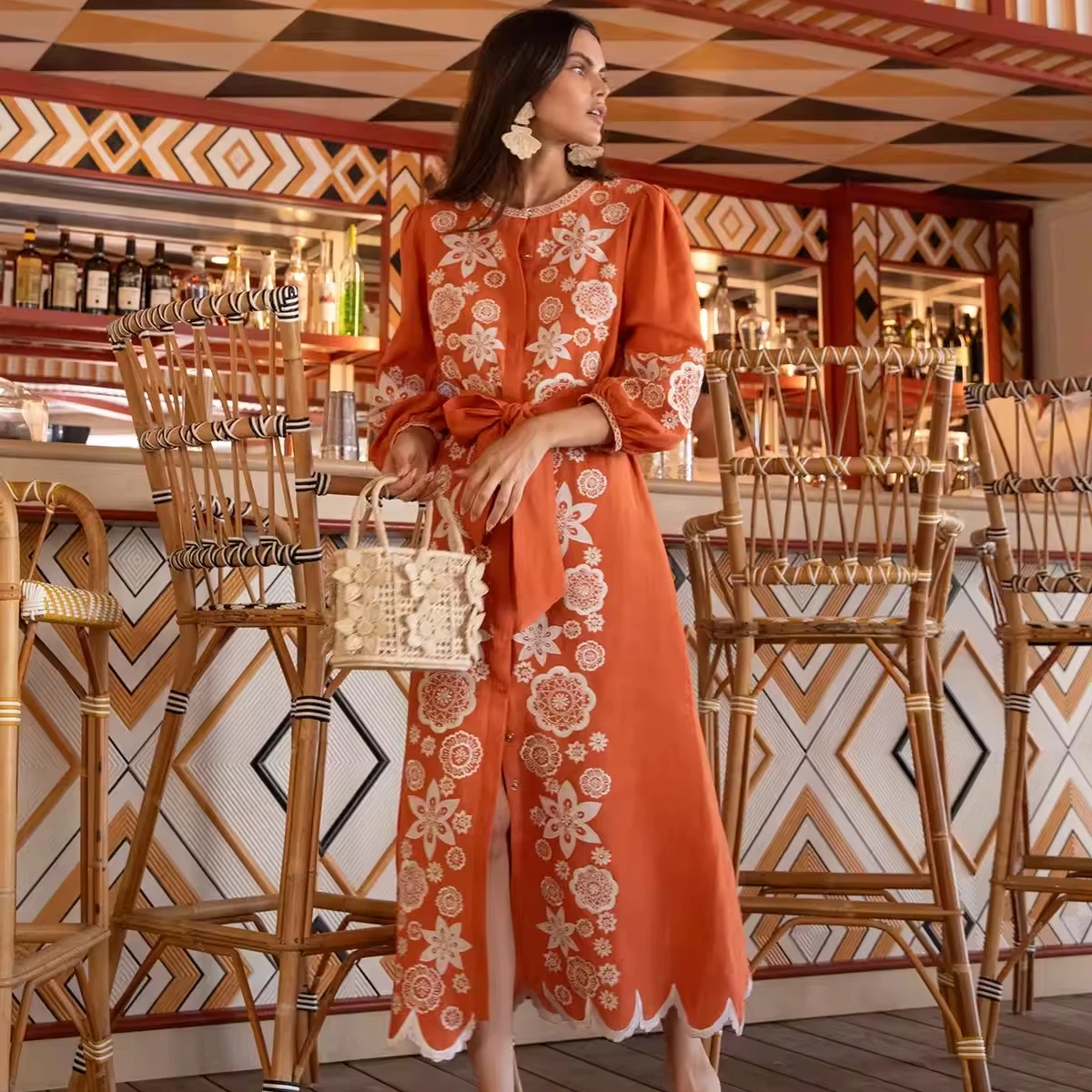 2024 Modest Embroidered Orange Dress Three Quarter Sleeve O-Neck Festive Wear Long Ukrainian Maxi