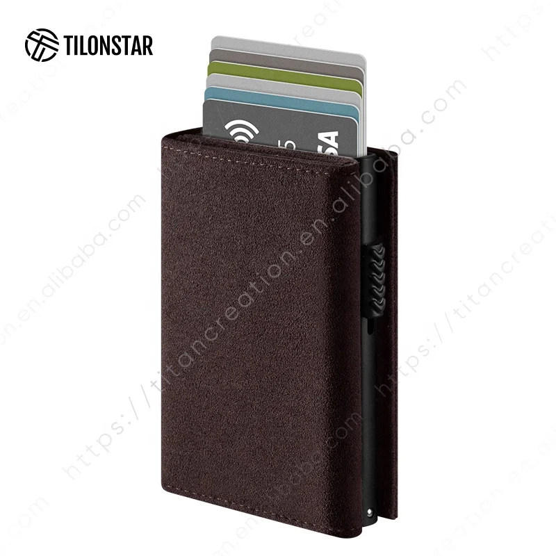 TILONSTAR TVC302a Alcantara Leather Aluminum Trifold Rfid Pop Up Card Holder Wallet For Men