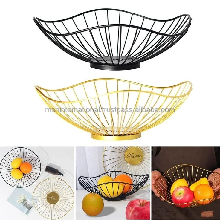 Manufactory High Quality Special Pattern Countertop Gold Wire Fruit Basket Metal Iron Food Fruit Storage Basket In Bright Golden