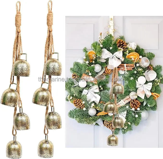 Modern Rustic Vintage Metal Brass Cow Bell Set Large Gold Christmas Home Decor Hanging Bells Nautical Style Carved and Designer