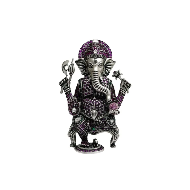 Metal Crafts Custom Design 925 Sterling Silver Antique Style Small Ganesha Idol Figurine for Home Pooja Living Room at Best Cost