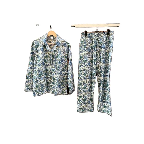 White Organic Indian Night Wear Night Suit Floral Print 100% Cotton Pyjama Set Wholesale Sleepwear Cotton Shirt Trouser