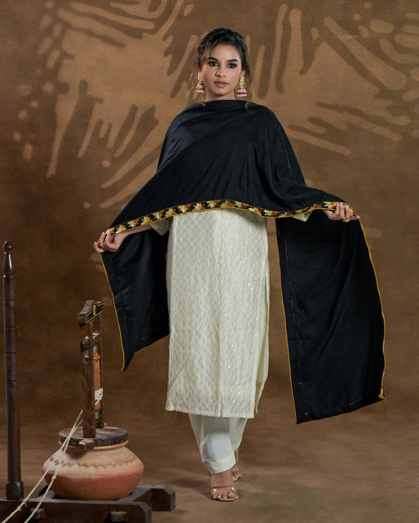 Top Quality Pure silk Handmade Hand Embroidered Phulkari black Women Wear dupatta