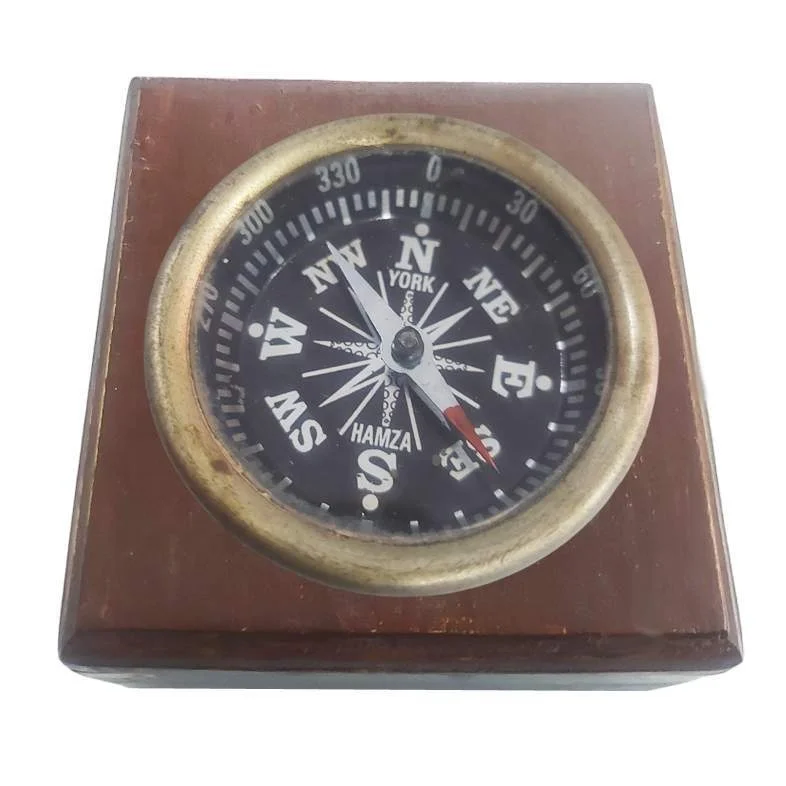 Compass on Wooden Base, Classic Nautical  Brass Compass, Camping Pocket Watch Style Compass, Wooden Vintage Compass with Logos