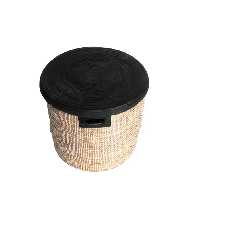 Round shape seagrass basket with black lid - Natural Material Handmade - simple and convenient - Model MS43
