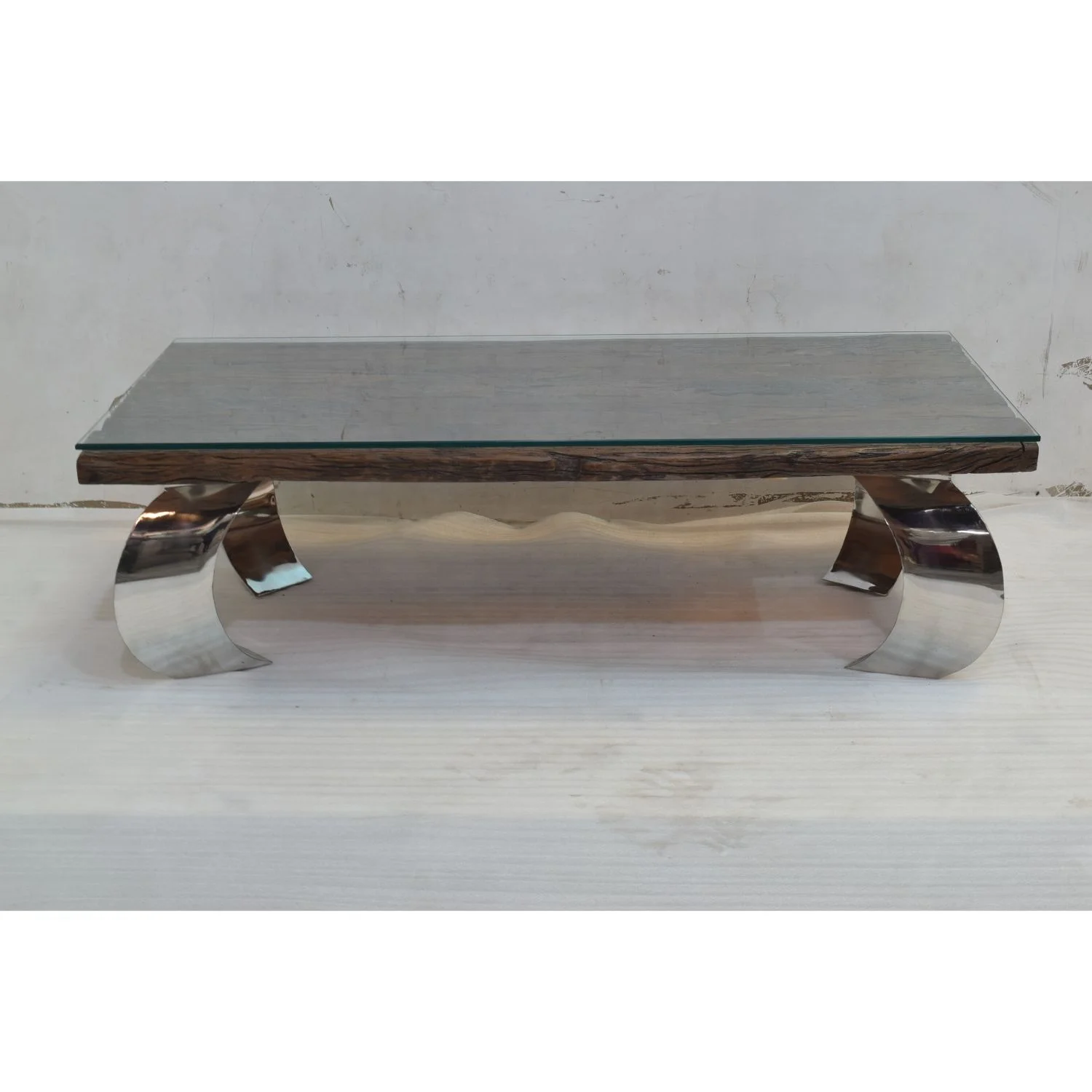 Reclaimed Old Railway Sleeper Wood Top Chrome Finish  Leg Glass Coffee Table Home Office Hotel Villa