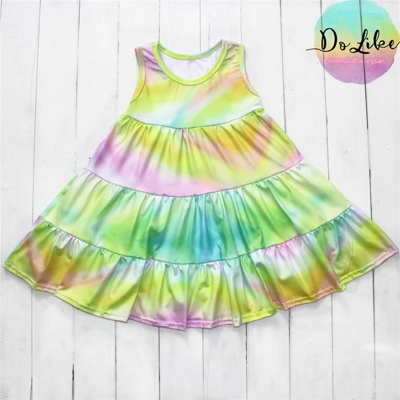 Latest girls dresses tie-dye clothes tank sleeve baby girl dresses wholesale summer tiered dress for girl