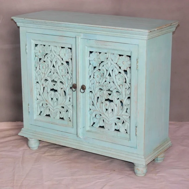 Indian Hand Carved Sideboard Cabinet Jodhpur Rustic Handcrafted Buffet