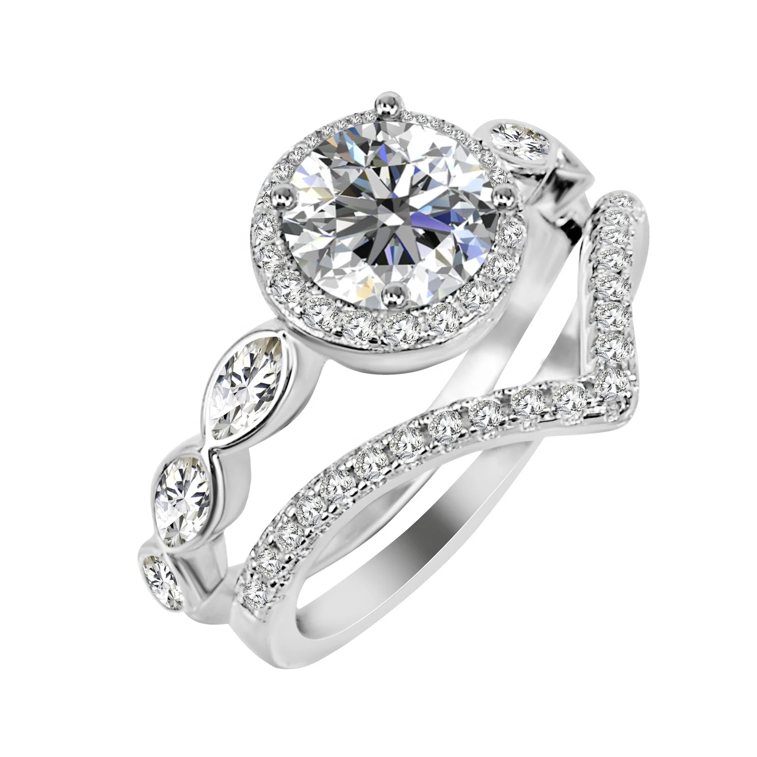 Ideal Cut Moissanite Diamond Jewelry Hypoallergenic 925 Silver 2 IN 1 Wedding Bridal Engagement Halo Ring Set Destiny Jewellery