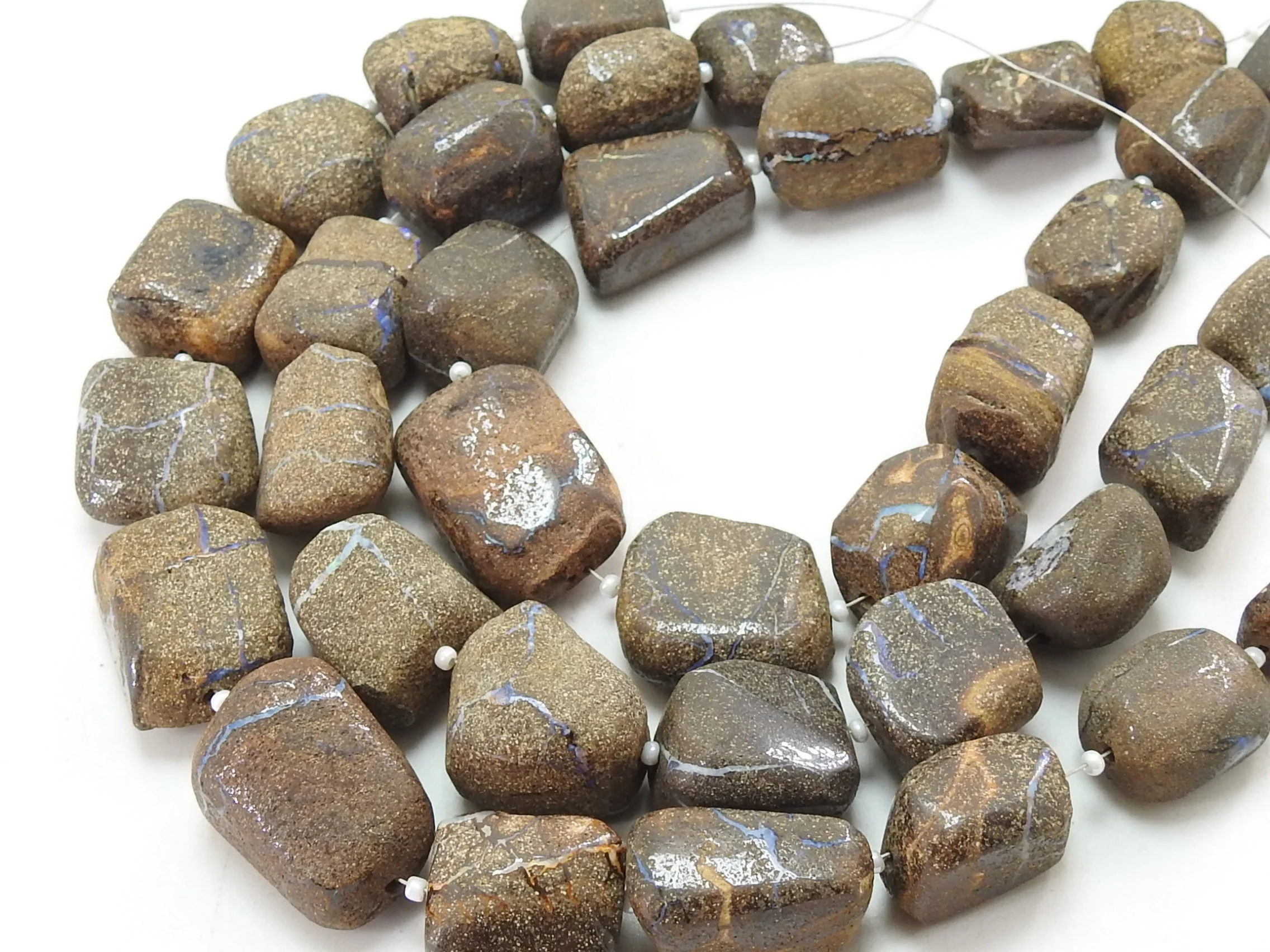 Boulder Opal Multi Fire Smooth Tumble Nugget Loose Beaded Gemstones for Jewelry Making Blue and Brown Beads on a Strand