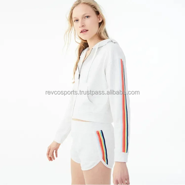 Full zip Sports Gym Fitness Hoodie sweat shirts for Women Custom Popular Crop top hoodies long sleeve  Rainbow Stripe sweatshirt