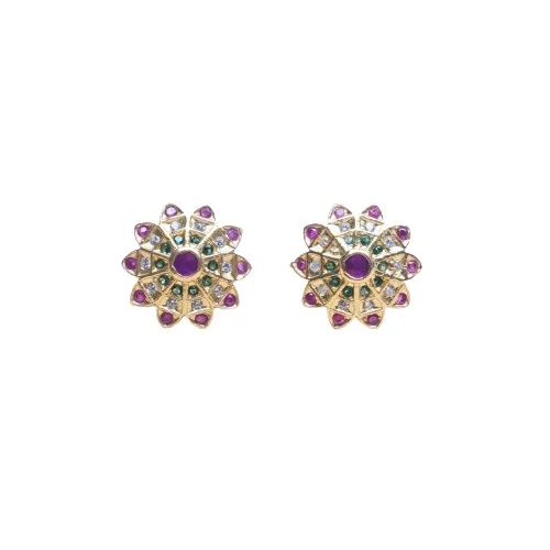 Vibrant Bold Floral Motifs CZ Ruby and Emerald Stone Studded Silver 14K Gold Plated Women Ethnic Wear Stud Earring at Wholesale