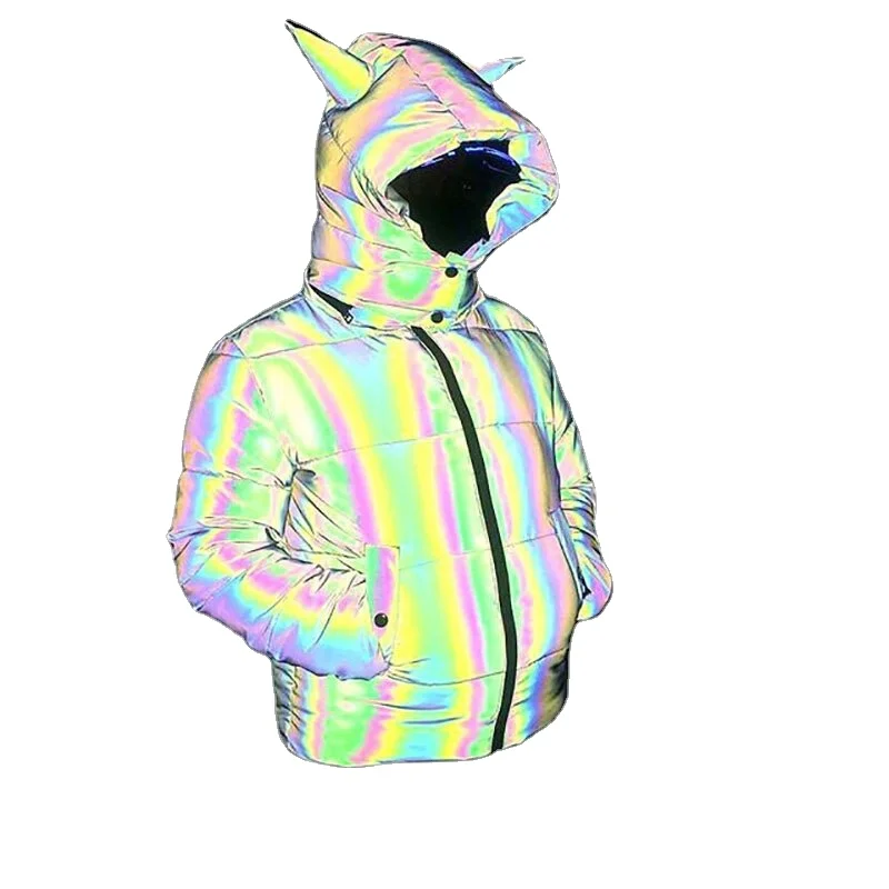 Модная плотная Радужная Светоотражающая куртка с подкладкой женское пузырьковое пальто ожогом для зимы парка капюшоном флуоресцентная верхняя одежда