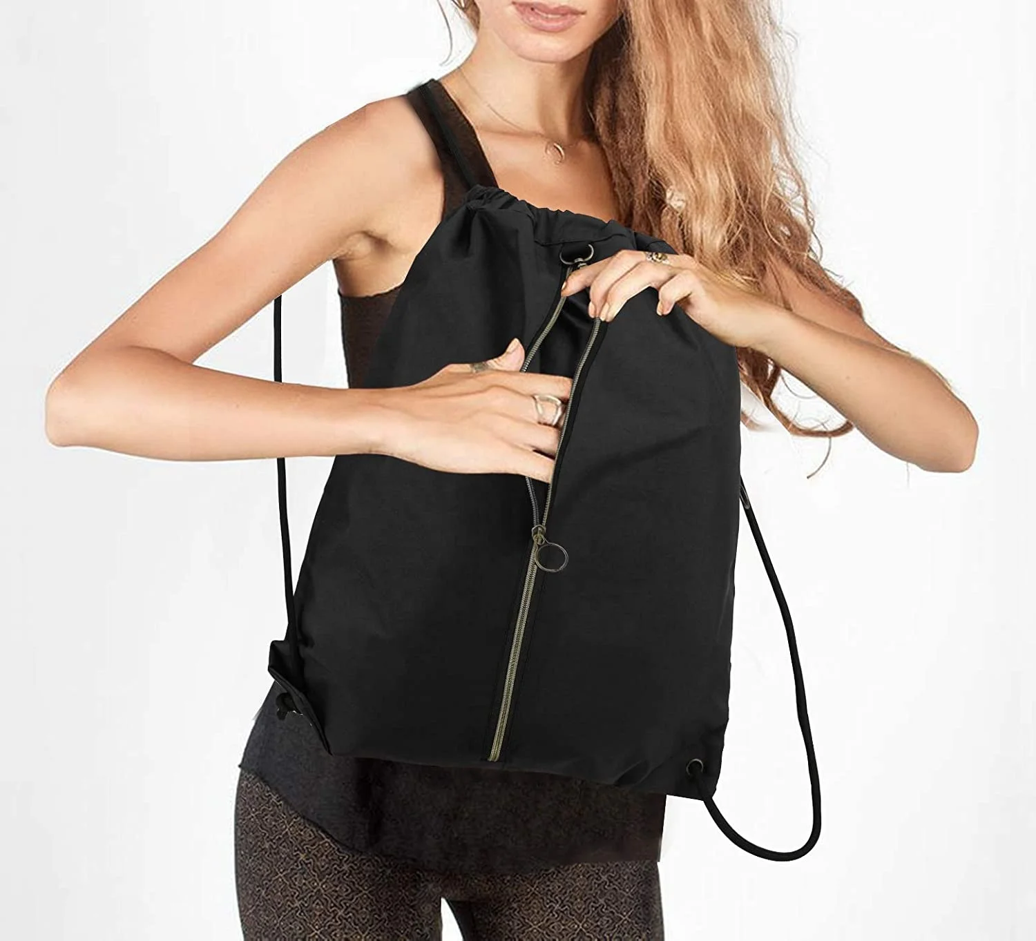 Drawstring Backpack with 3 Zipper Pocket and 2 Inside Pouch Drawstring bags Swim Bag sports Cinch Sack String bag