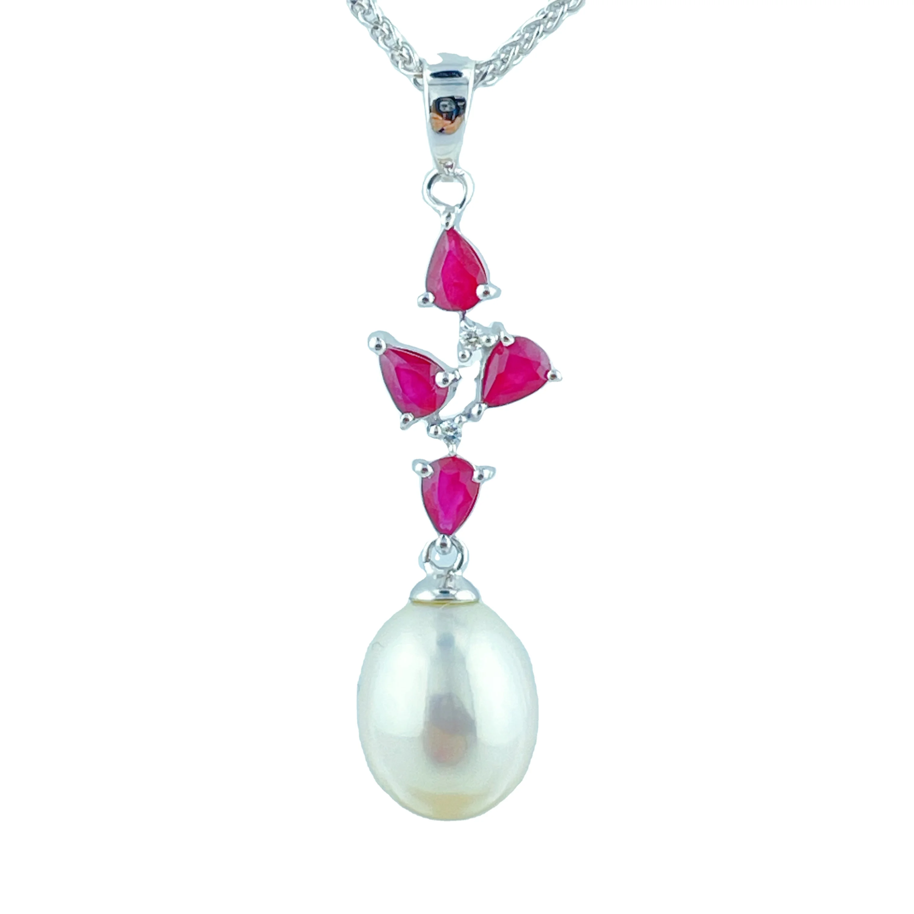 Factory Direct High Quality Rhodium Plated 9K White Gold Freshwater Pearl Diamond Ruby Pendant for Girls & Women