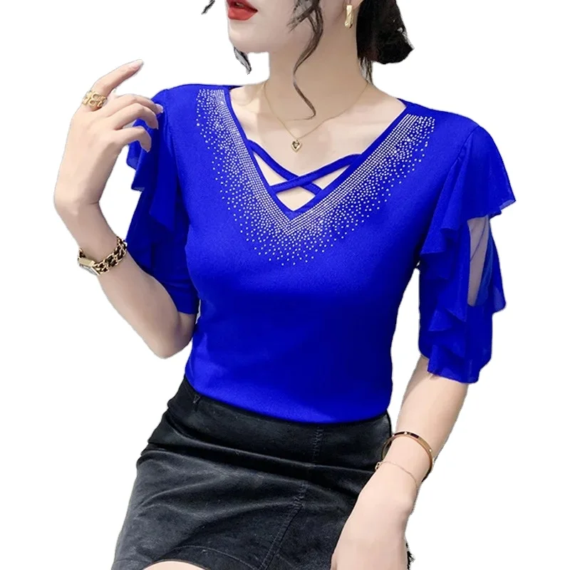 Brand New Women Half Sleeve Ruffles Korean Style Tight Tshirt V-neck Diamonds Sexy Tshirt Hollow Out