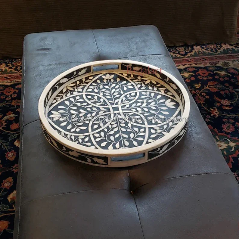 Round resin inlaid decorative tray With flower petal design black and white