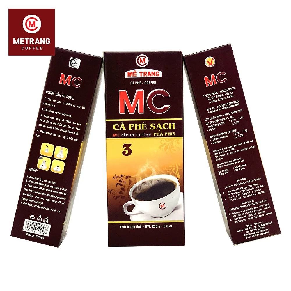 Blend Sweet Taste High Quality Arabica Robusta MC3 OEM Roasted Ground Coffee In Box Packaging Use by Phin filter