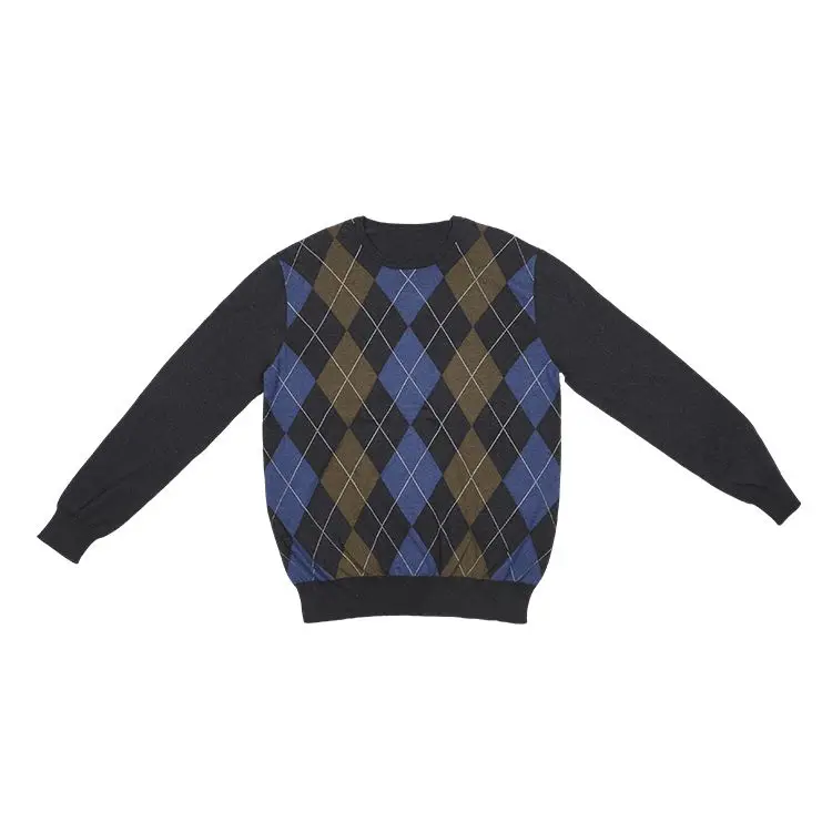 ODM OEM Men Regular-Fitting Long Sleeves Crew Neck Sweater check pattern