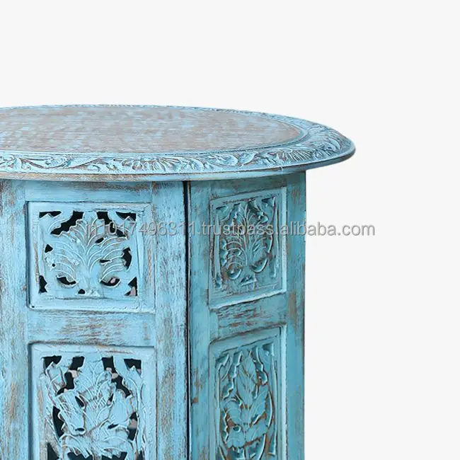 Wooden Handcrafted Carved Antique Solid Folding Sky Blue Coffee Table Wood Side (Finish Color - )