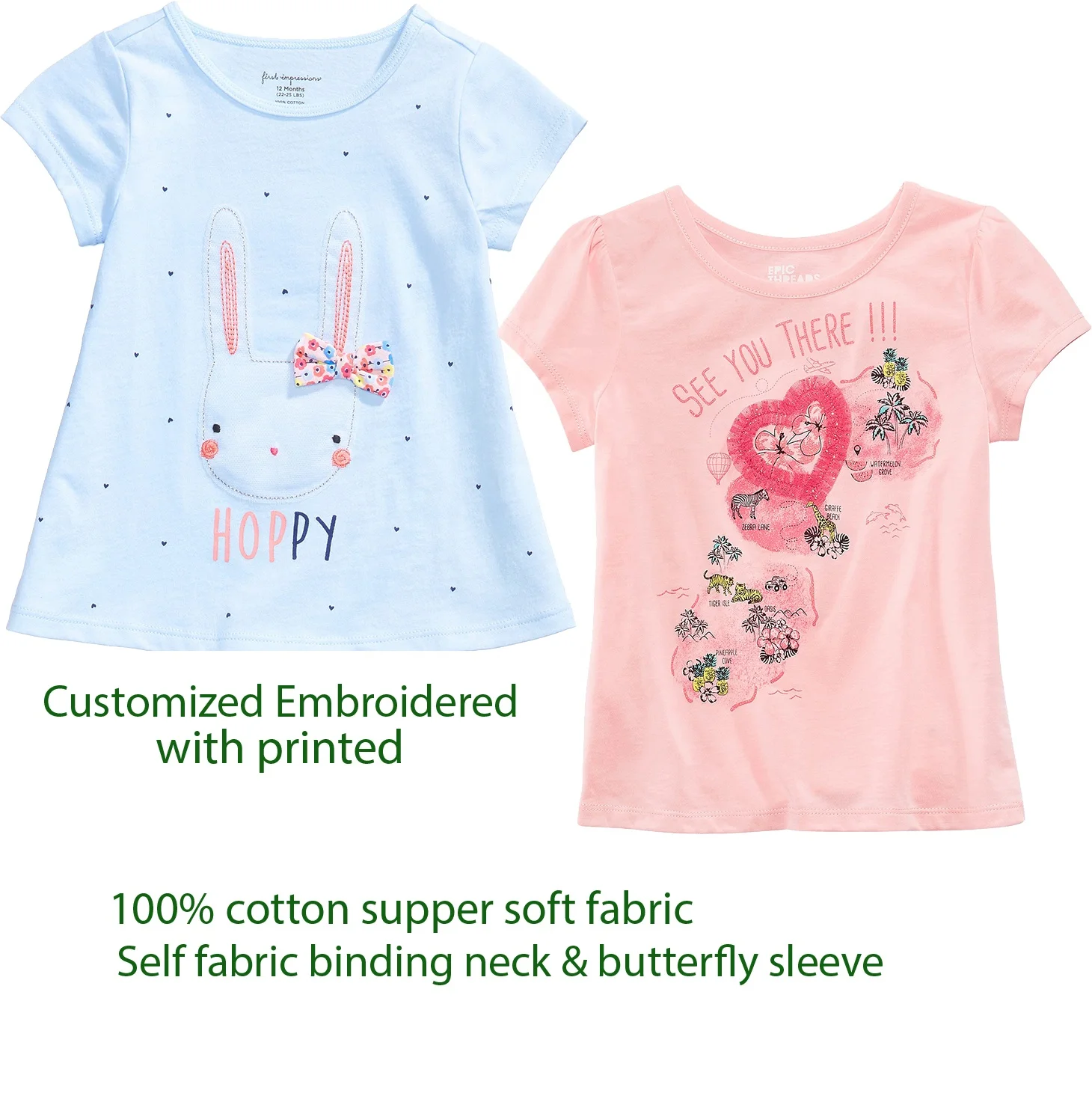 Summer cotton children clothes lovely baby tops kids girls t shirt flutter short sleeve embroidery & printed o-neck