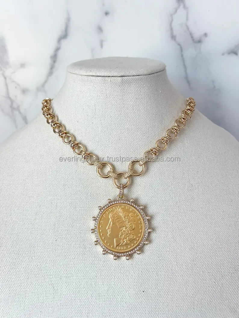 Vintage Coin Necklace Gold Statement Gold Chunky Large Coin Pendant XL Coin Pendant Necklace for Jewelry