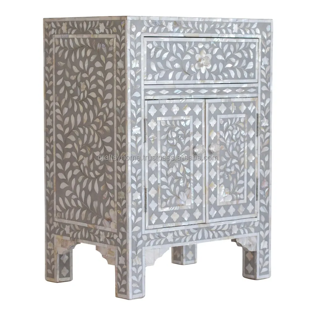 Indian Handmade Floral Bone Inlay Mother of Pearl Inlaid 3 Drawer Side Table Bedroom Living Room Furniture by Craftsy Home
