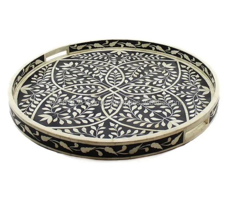Round resin inlaid decorative tray With flower petal design black and white