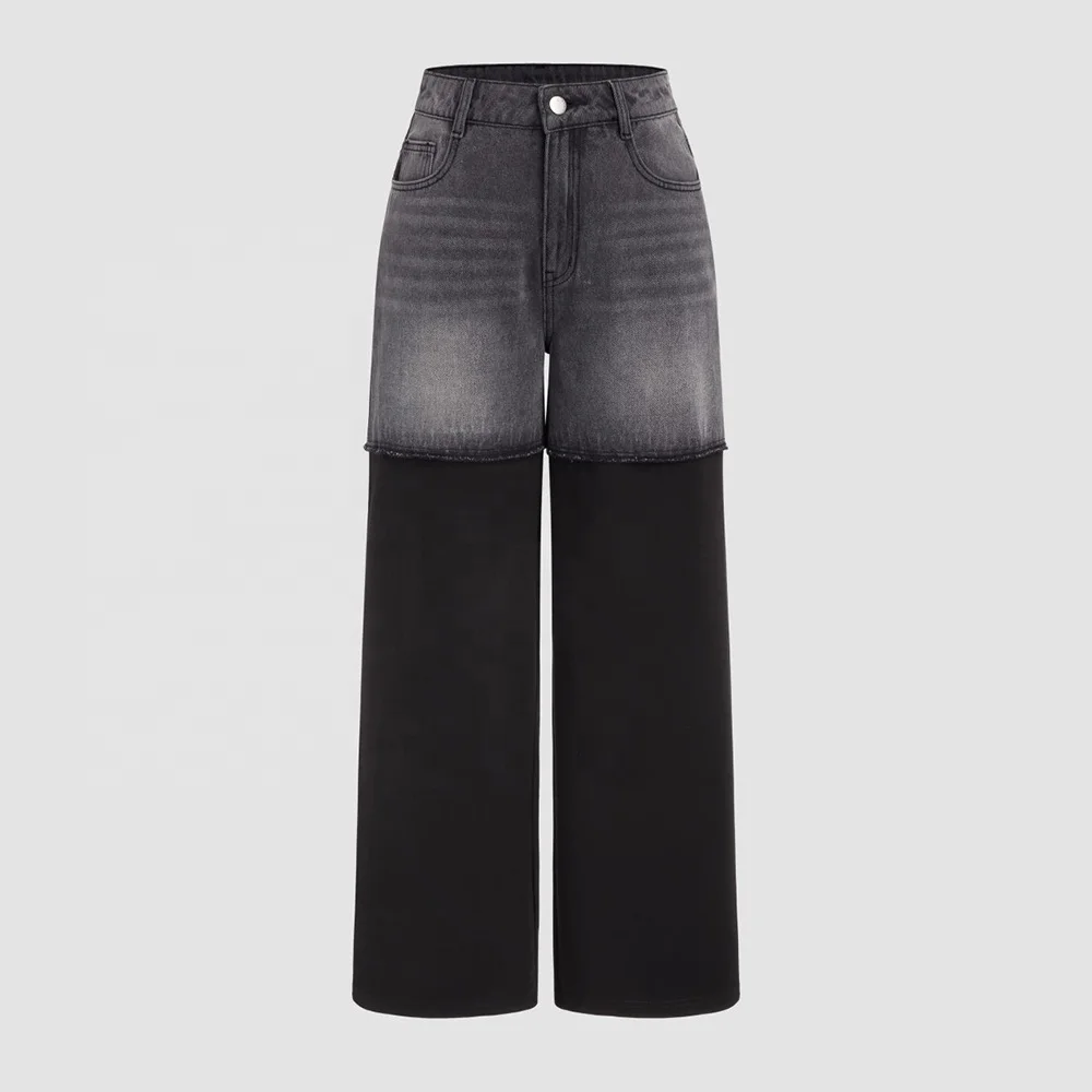ODM OEM high waist women denim jeans two tone patchwork wide leg jeans for women