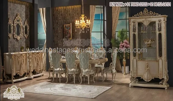 Persian Style Gold Leaf Dining Room Furniture Royal Shine High Gloss Polish Dining Table Luxury Turkish 8-Seater Dining Table
