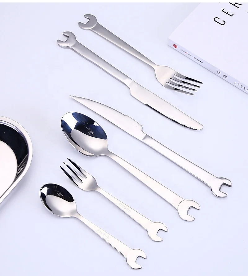 Silver Cutlery Set Of 6 Pieces Stainless Steel Restaurant Metal Flatware Cutlery Set With Screw Driver At One End