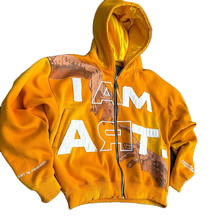 Unisex Custom Cotton 500gsm Heavyweight Hoodie Acid Wash Distressed Embroidery Applique Patch Zipper OEM Lining French Dye