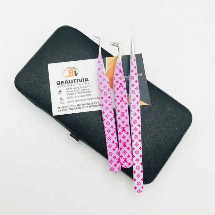 Hot Selling Lash Tweezers LV Print Paper Coated Custom Logo Eyelash Extension Tweezers