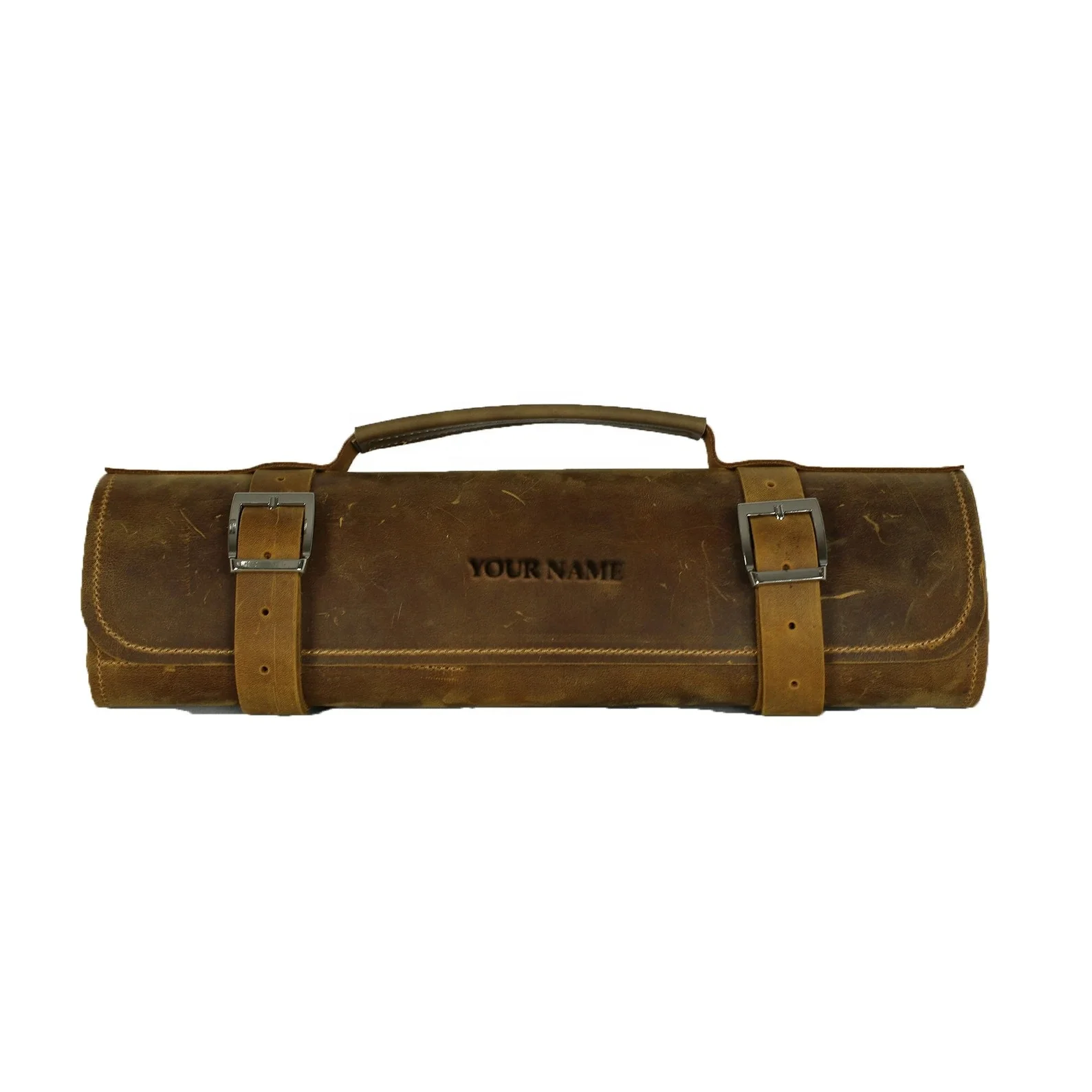 Custom Leather Knife Roll Bag Personalized Leather Roll Chef Bag Storage Case Organizer for Chefs LKR-0047
