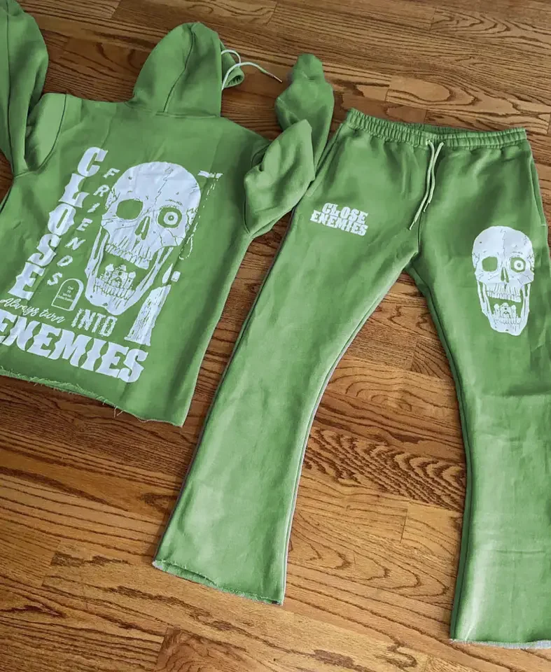 Custom Men Stacked Sweatsuit Hem Cut Hoodie And Jogger Sweatpants Set Custom Logo Graphic 3D Puff Print Flared Tracksuit