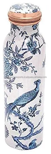 Бутылка для воды из чистой меди премиум-класса с принтом Meena офиса и Аюрведического пользования здоровья (1000 мл) дизайн павлина
