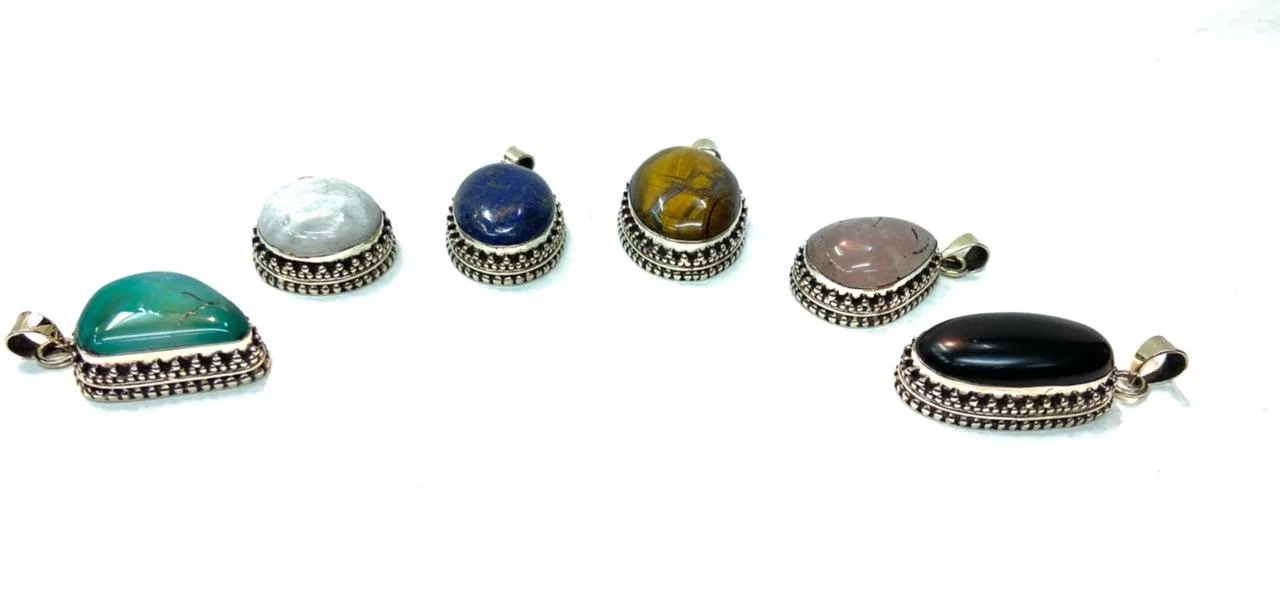 Handmade Double Layered Antique German Silver High Quality Semiprecious Natural Stone Bohemian Pendant Hot Selling Factory Price