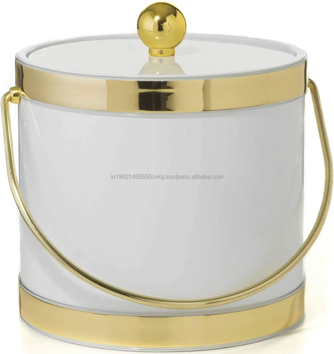 White With Dual Handcrafted Gold Bands Double Walled 3-Quart Insulated Ice Bucket With Ice Tongs Metallic Deco Collection