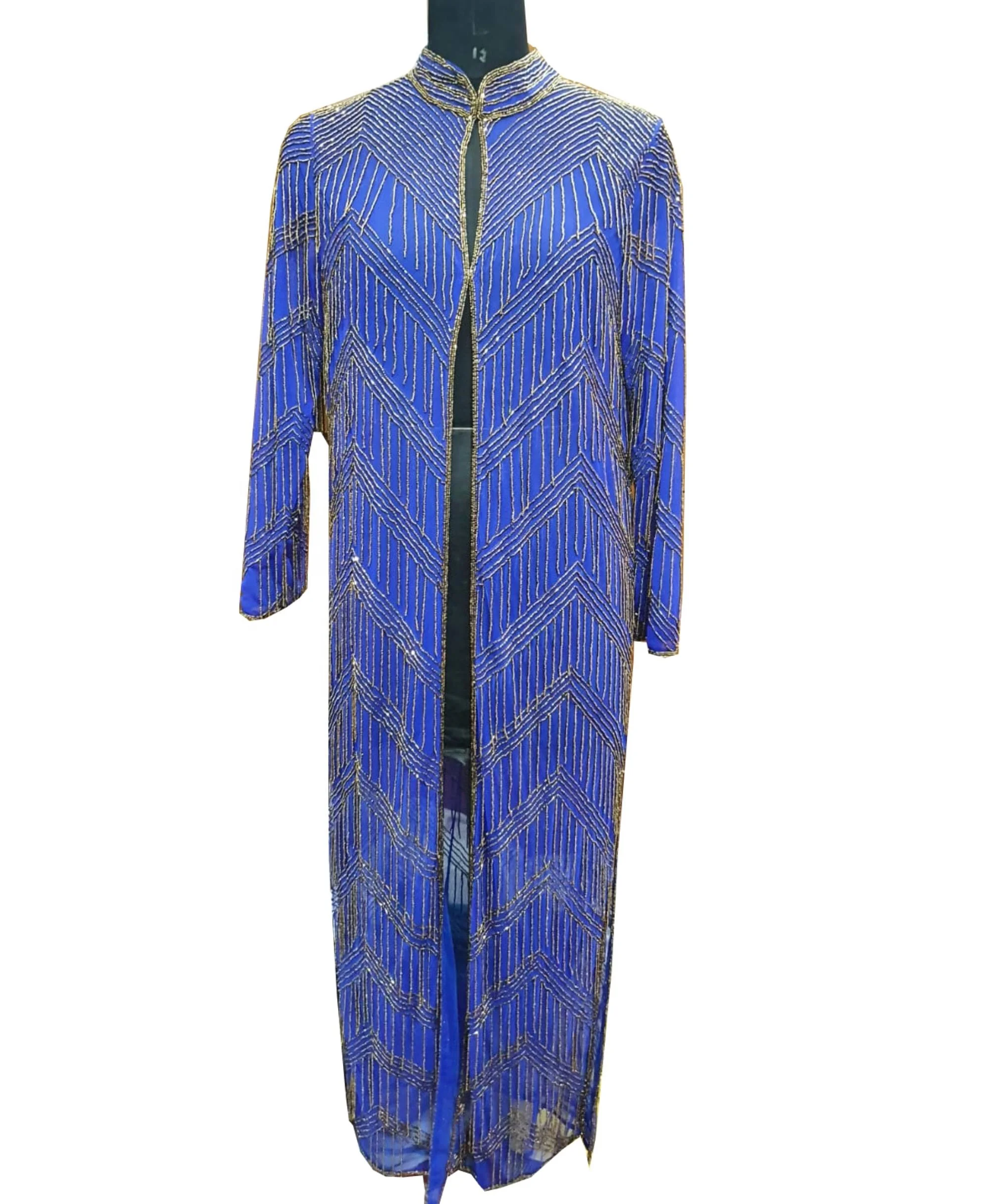Vibrant Blue Hand Embroidered Hand Beaded Fully Heavy embroidery fringed Dubai Style Kimono Abaya Evening Dress