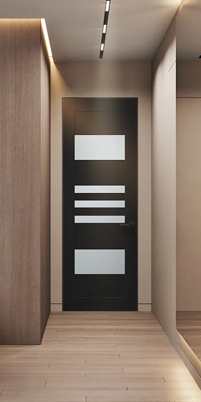 Professional Modern Interior Door Black Matte MDF Wood Door Bedroom Door Design with Frosted Glass for Home Apartment