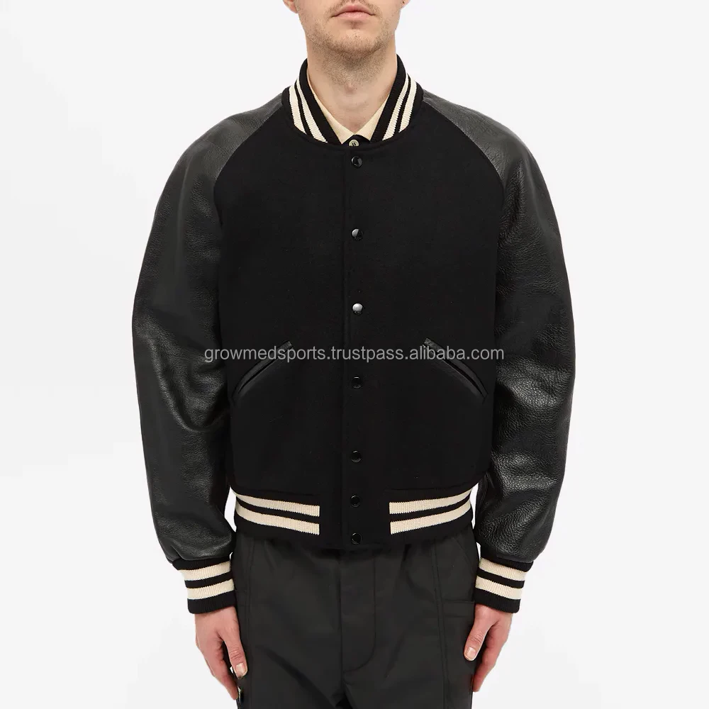 Street Fashion Men Casual Varsity Jacket Leather Sleeve Thick Warm Wool Fabric Varsity Jacket