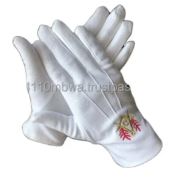 White cotton Masonic Regalia gloves with customize Embroidered LOGO