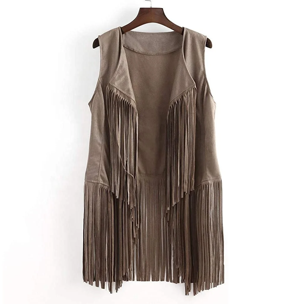 OEM Custom Fringe Vest for Women, Faux Suede Leather Cowboy Style Vest Sleeveless Tassels Cardigan Waistcoat