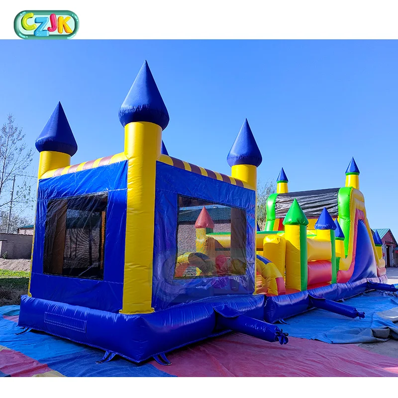 Red Yellow and Blue Inflatable Obstacle Course with Blower