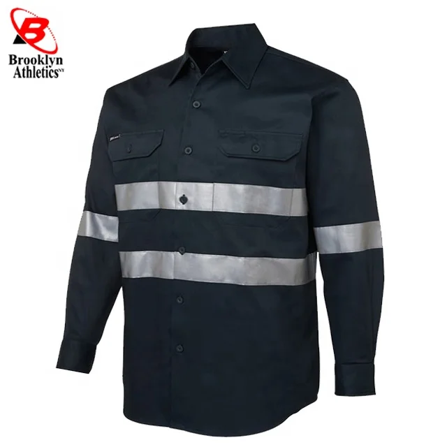 Two Tone Long Sleeve Safety Work shirt Reflective Workwear 100% Cotton Orange Navy Safety Shirts With Hi Vis Tapes