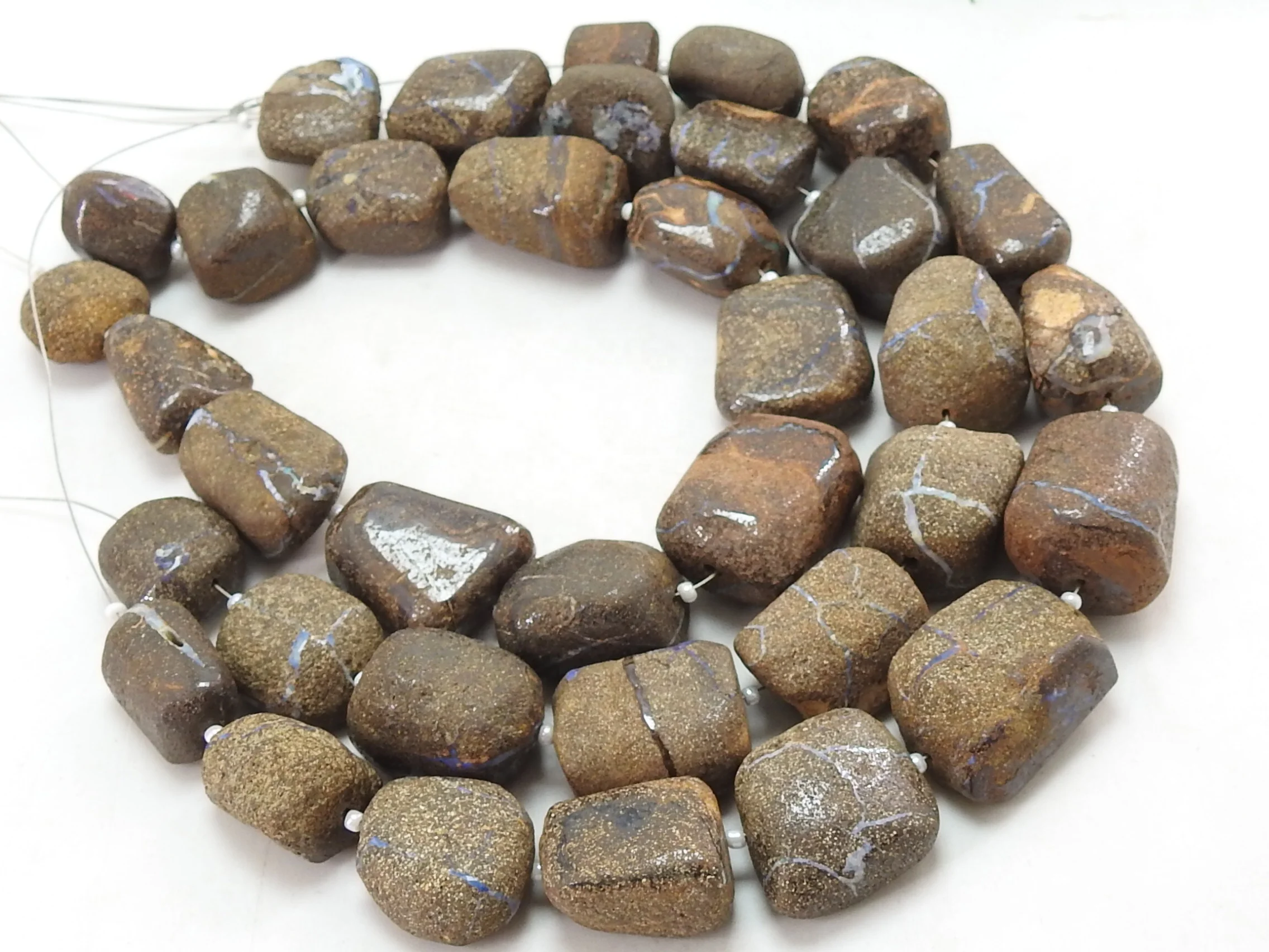 Boulder Opal Multi Fire Smooth Tumble Nugget Loose Beaded Gemstones for Jewelry Making Blue and Brown Beads on a Strand