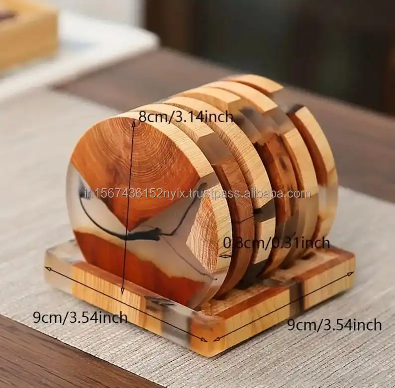 Transparent natural wood and epoxy resin coasters set