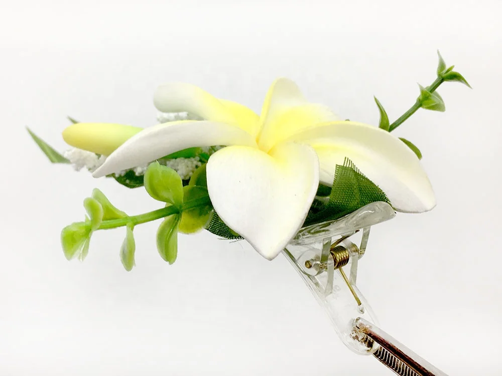 Hot selling Hawaiian premium Plumeria frangipani foam flower with fabric leaf hair clip for hair accessories